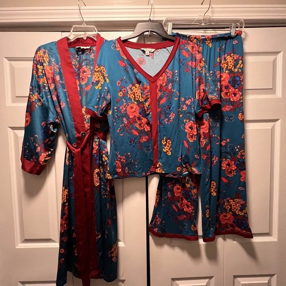 The Pioneer Woman Pajamas Medium Teal Floral 3pc Set Top Pants Robe